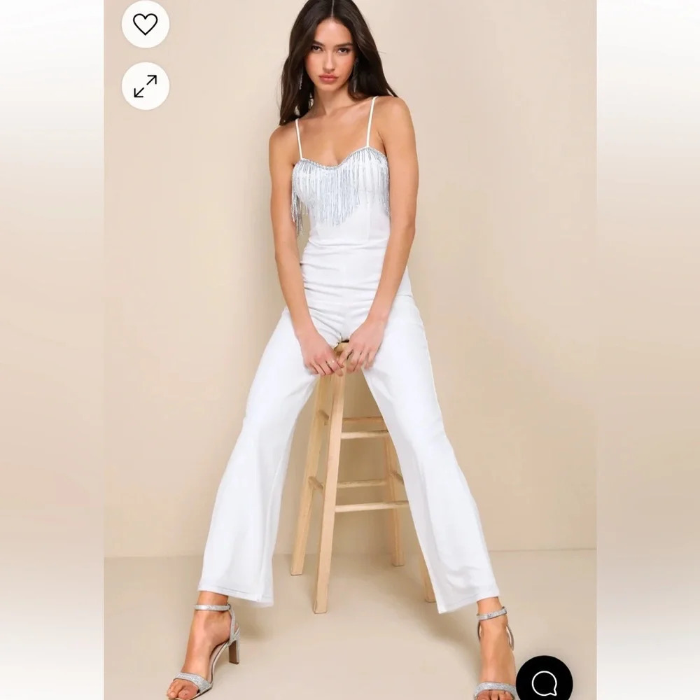 New! Lulus Glamorous Intuition White Beaded Fringe Bustier Jumpsuit 33108